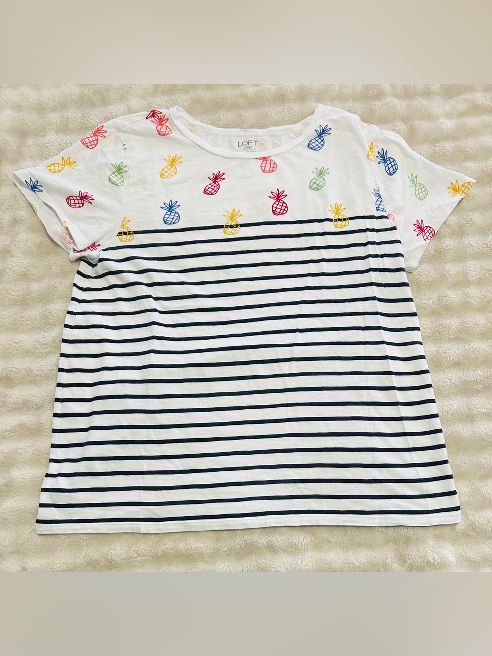 LOFT White Navy Striped Tee with Multicolor Pineapple Print
